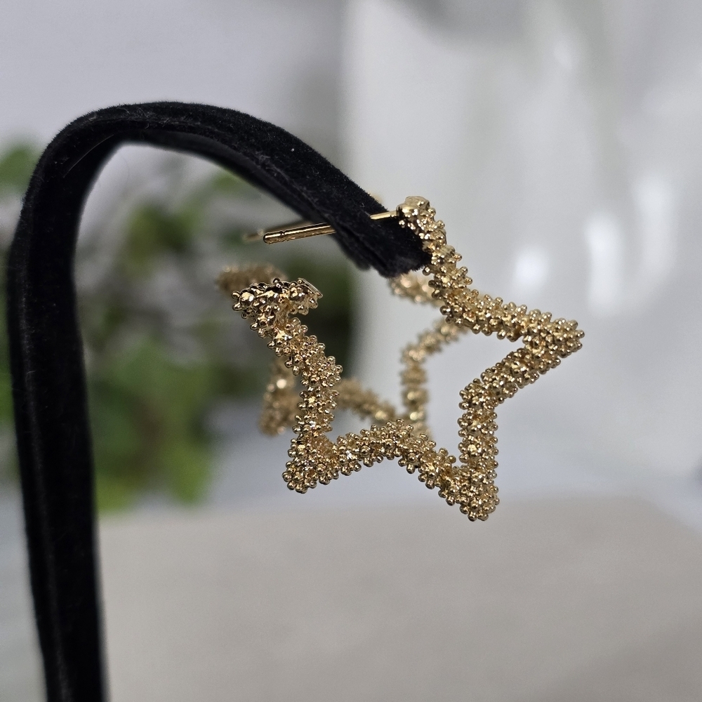 Gold Filled Textured Star Hoop Earrings - Picture 5 of 7